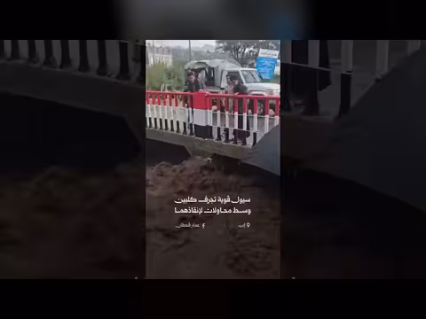محاولات إنقاذ كلبين تجرفهما السيول القوية في إب